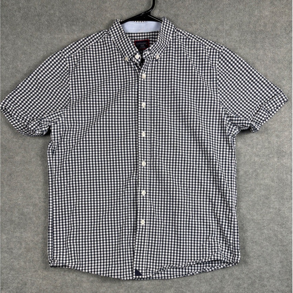 UNTUCKit Slim Fit Short Sleeve Gingham Button Down Shirt Large Navy White